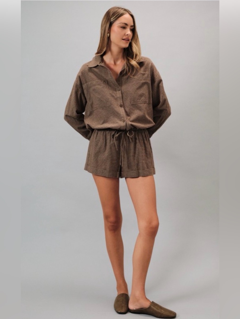 53 Plaid Brown Two-Piece Relaxed Button Shirt and Drawstring Shorts Set